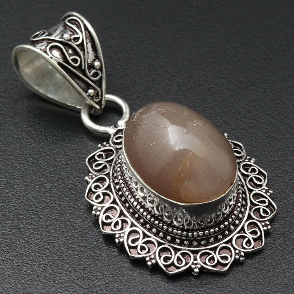 Sunstone Silver Plated Vintage Style Pendant 2" Gemstone Jewelry